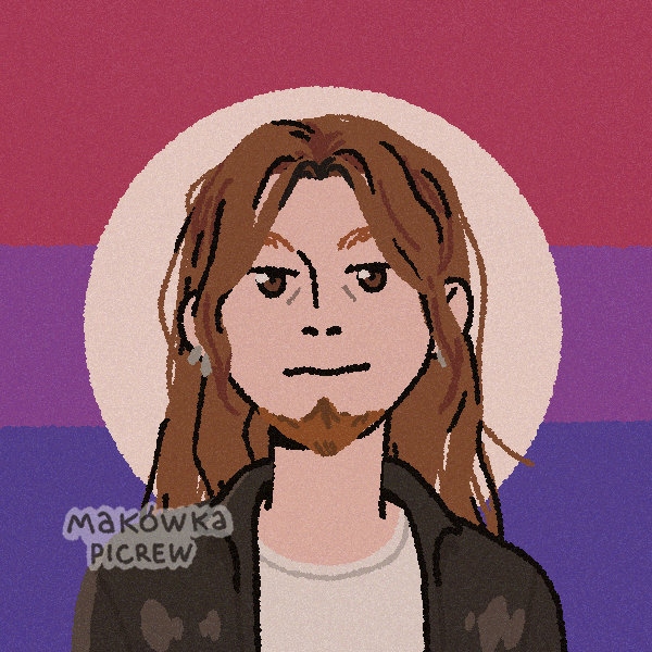 irritated, long-haired bearded man in front of bisexual flag