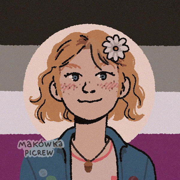 blonde girl with short wavy hair and a flower accessory