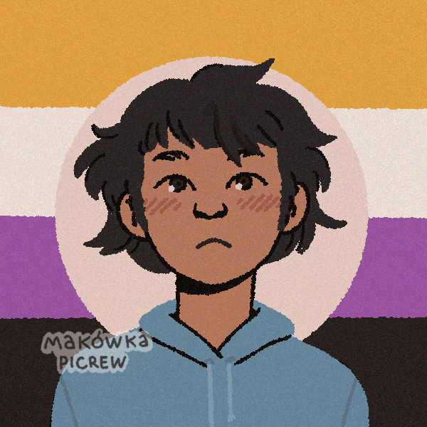 timid nonbinary person in front of nonbinary flag