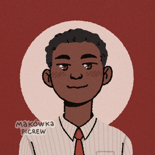 boy with very short black hair wearing striped button-up and tie