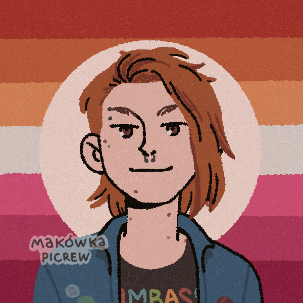 girl with half-shaved head in front of lesbian flag