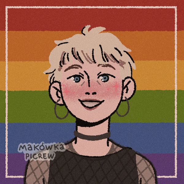 smiling blonde man wearing fishnets and makeup in front of rainbow pride colors