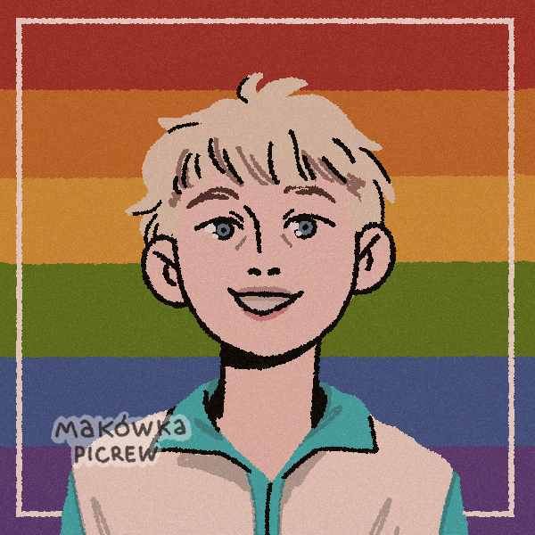 smiling blonde man in front of rainbow pride colors