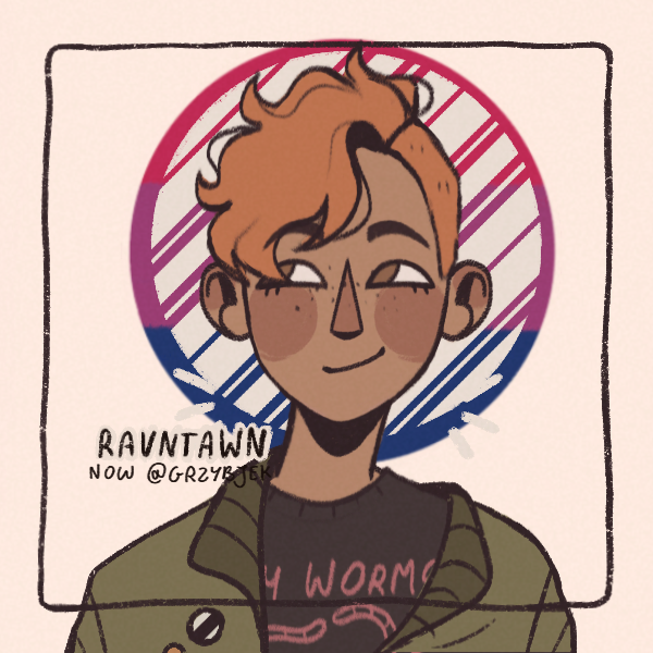 orange-haired man with bisexual flag scribble behind head