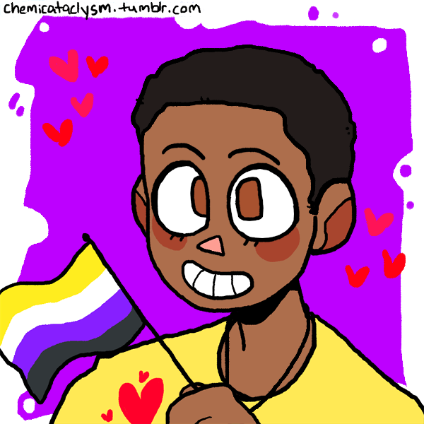 nonbinary person in yellow shirt holding nonbinary pride flag
