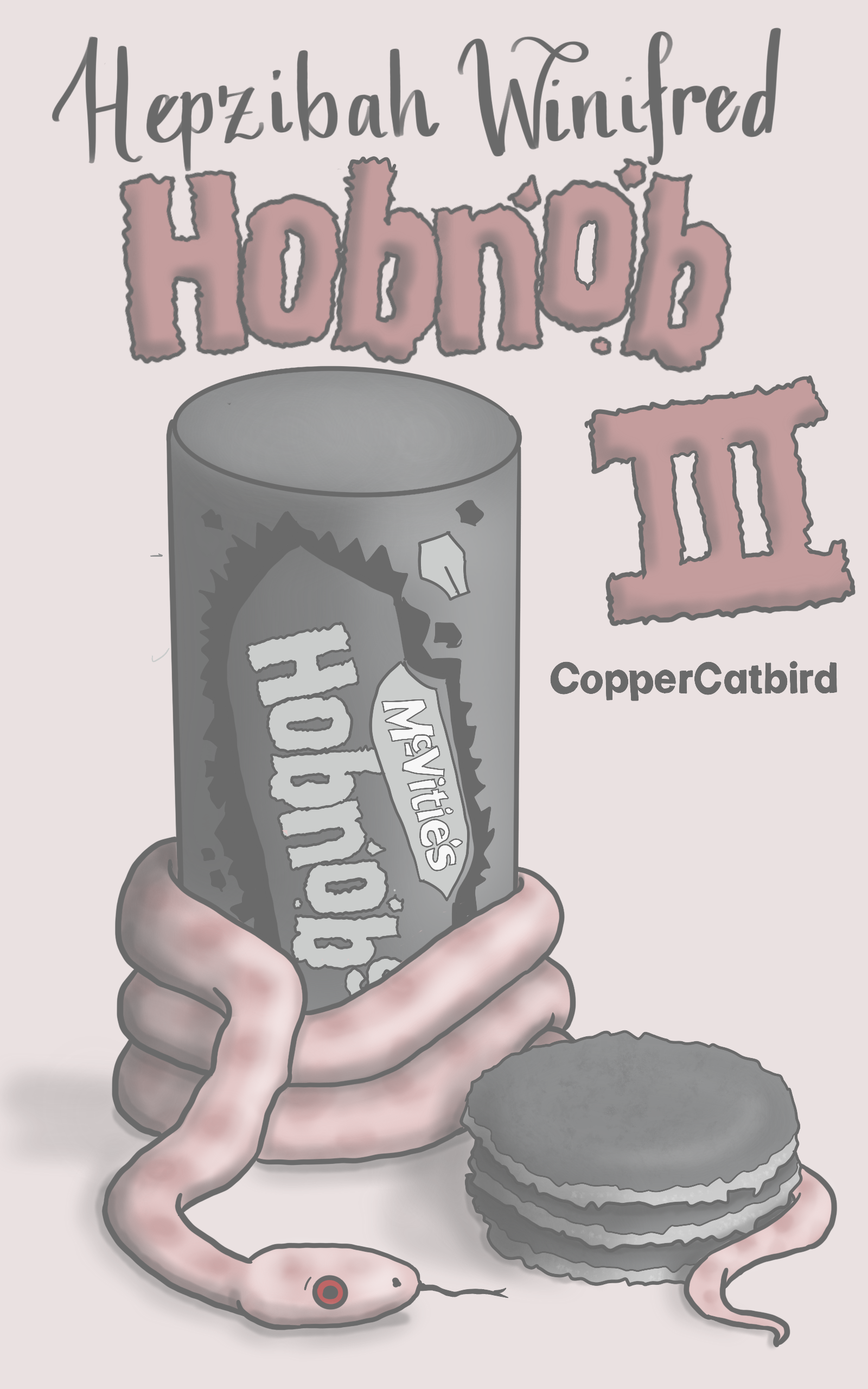 A comic drawing of a pink snake wrapped around a packet of hobnobs and a stack of biscuits