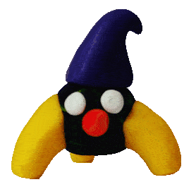 A green ball of plasticine with a purple witch hat, a red nose and 3 big yellow legs