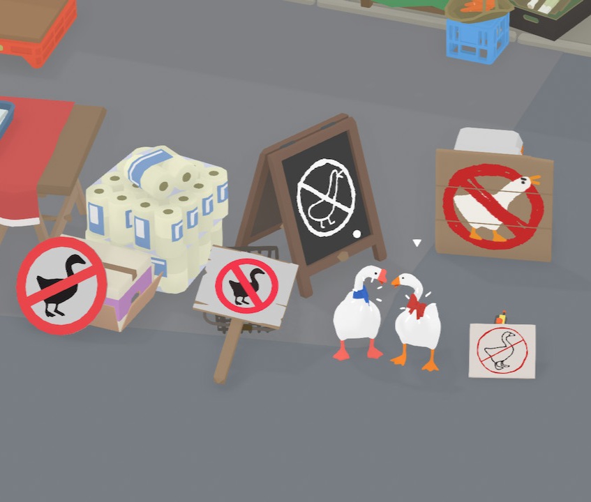 A picture of the 2 geese from Untitled Goose Game wearing a red and blue ribbon respectively standing in front of all the anti-goose signs while making a heart shape with their necks