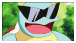 Pokemon Squirtle wearing sunglasses and eating a rice ball