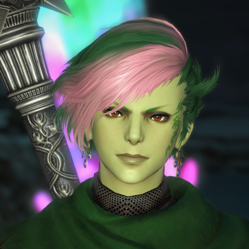 A screenshot of Elakdornn Lyngtoumwyn in Shadowbringers. She's a light-green skinned Sea Wolf Roegadyn, with red-brown eyes, short dark green hair with pink highlights with sideswept bangs to the left, and she has a green seadragon tattoo on her right cheek.