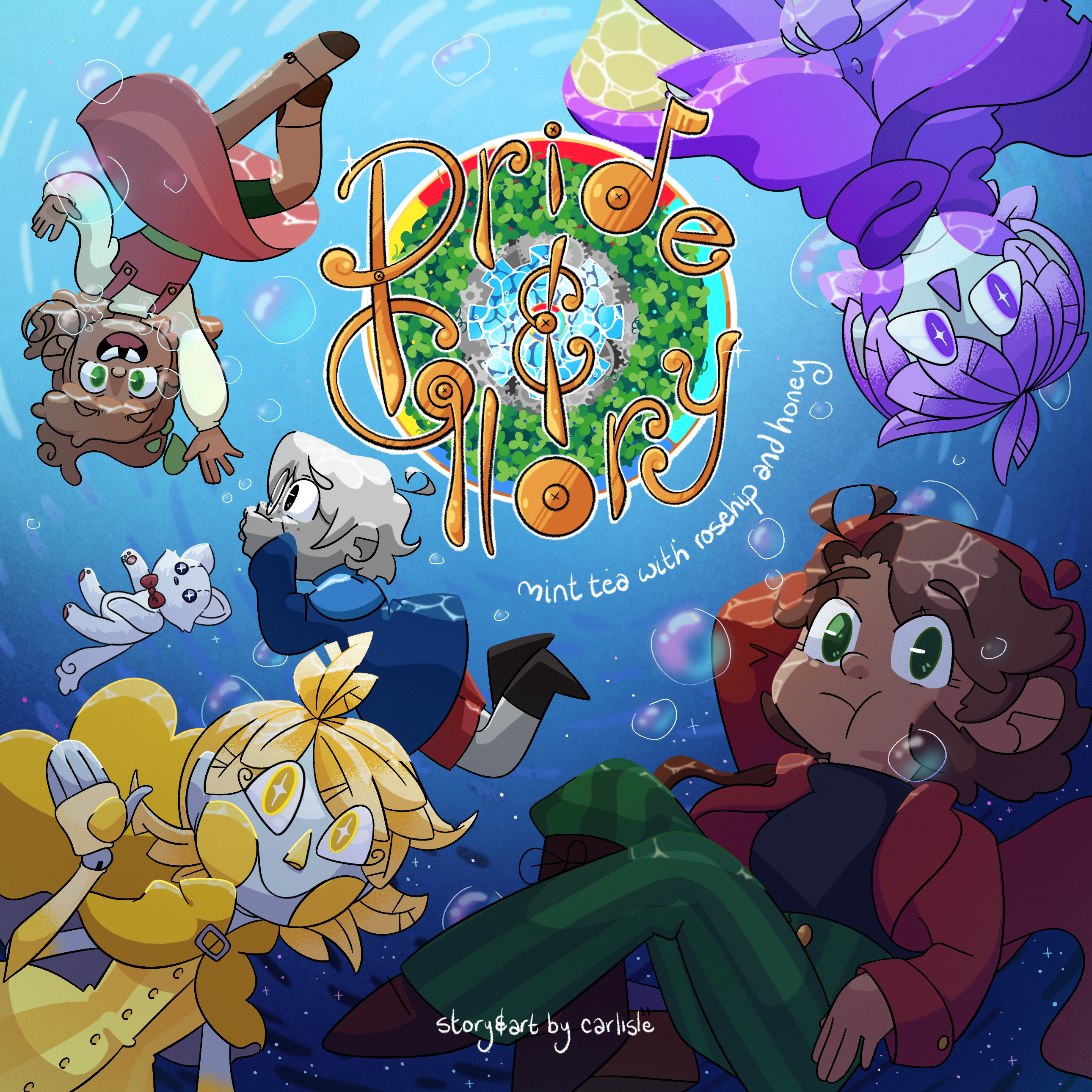 series cover number one, presto the kids and the dolls in an underwater photoshoot. mint tea with rosehip and honey