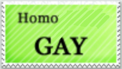 a green stamp that says 'homo gay' 
