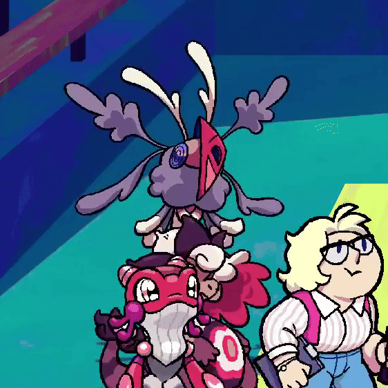 a gif of lioness from beastieball running up to my story team's plumask and stopping beside them. they both float next to each other cutely