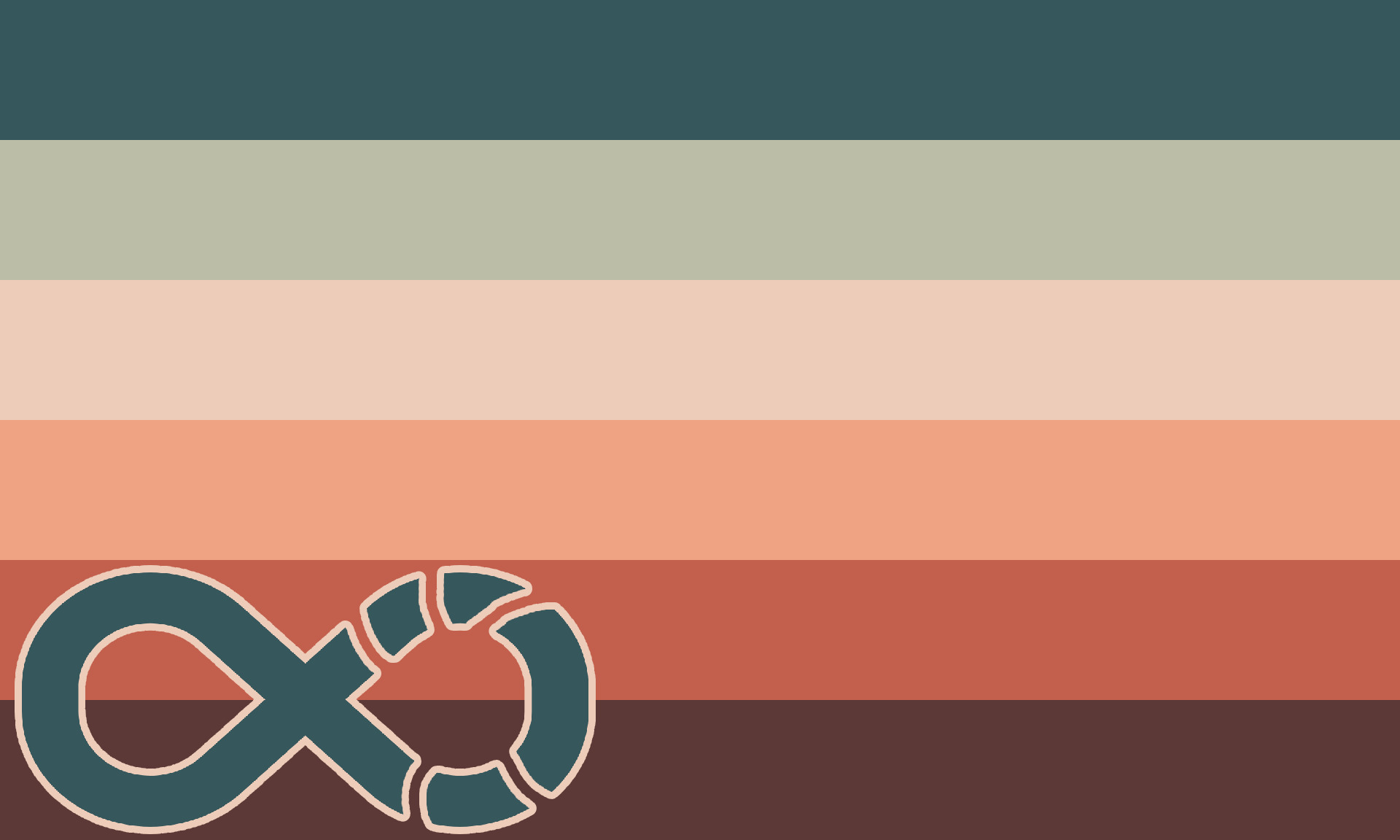 A six horizontal stripe flag with the colors as follows starting from the top going down. Dark turquoise, warm light blue, light orange, medium orange, medium brown, and dark brown. There's a dark turquoise infinity sign in the lower left hand side with transparent lines on the right side to represent it being rope. It's outlined in light orange.