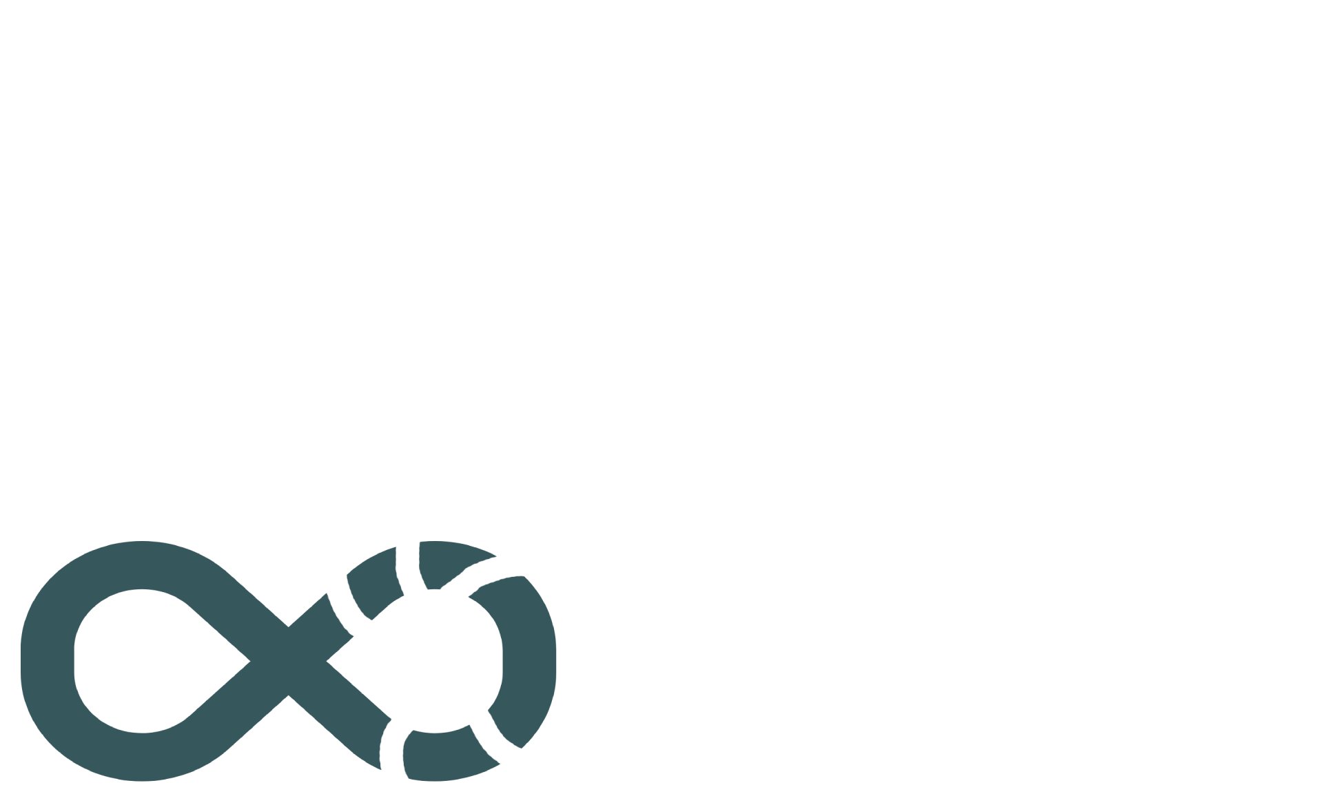 A dark turquoise infinity sign in the lower left hand side with transparent lines on the right side to represent it being rope.