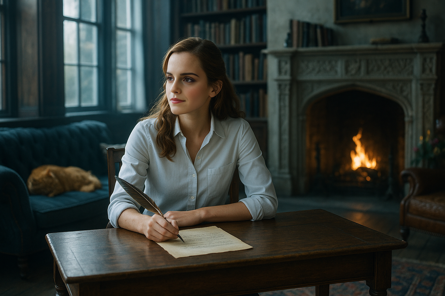 Hermione sitting at a desk writing