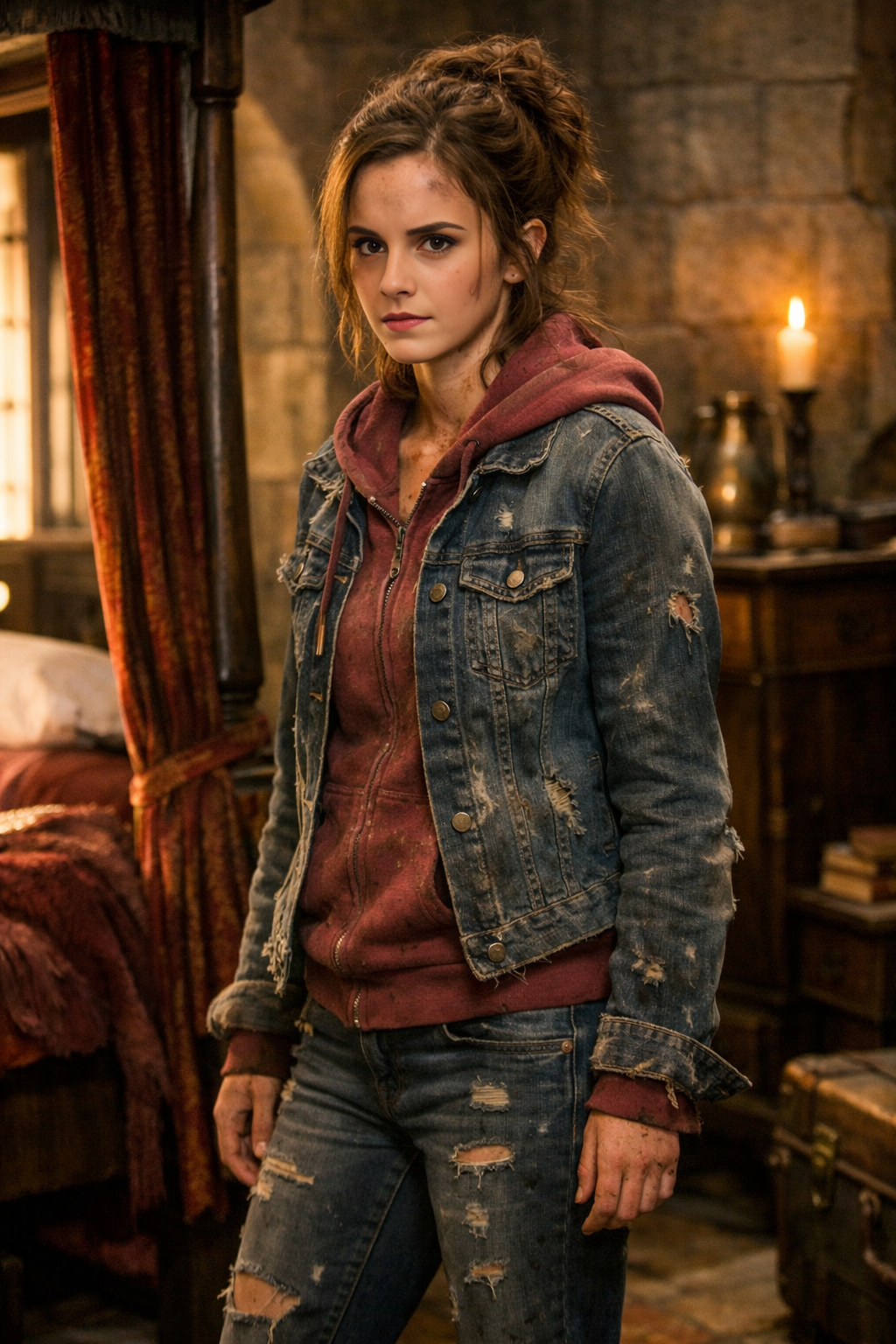 Hermione standing in a dorm room