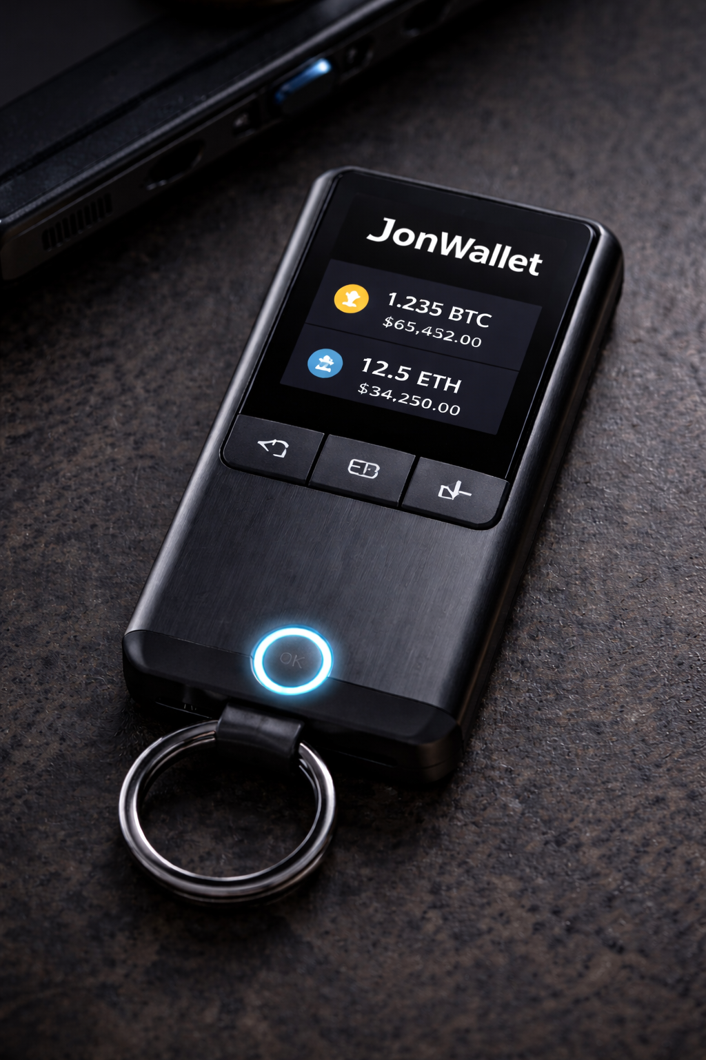 JonWallet Hardware Device Hero - Premium cryptocurrency hardware wallet with sleek dark design featuring OLED display and secure element chip