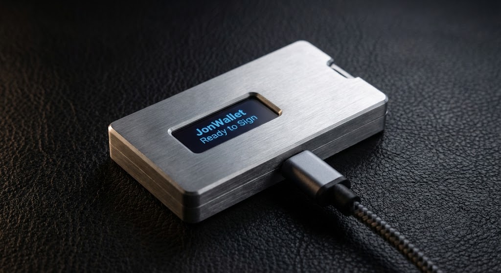 JonWallet Pro Hardware Device - Front view of the premium hardware wallet showing the display screen and navigation buttons