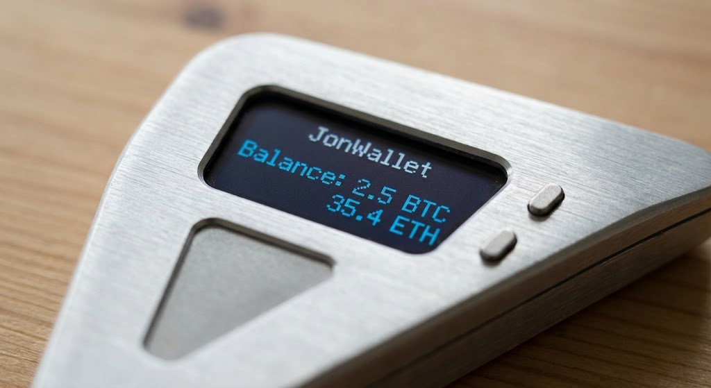 JonWallet Pro X1 Detail View - High resolution product shot showing the hardware wallet device with screen and buttons