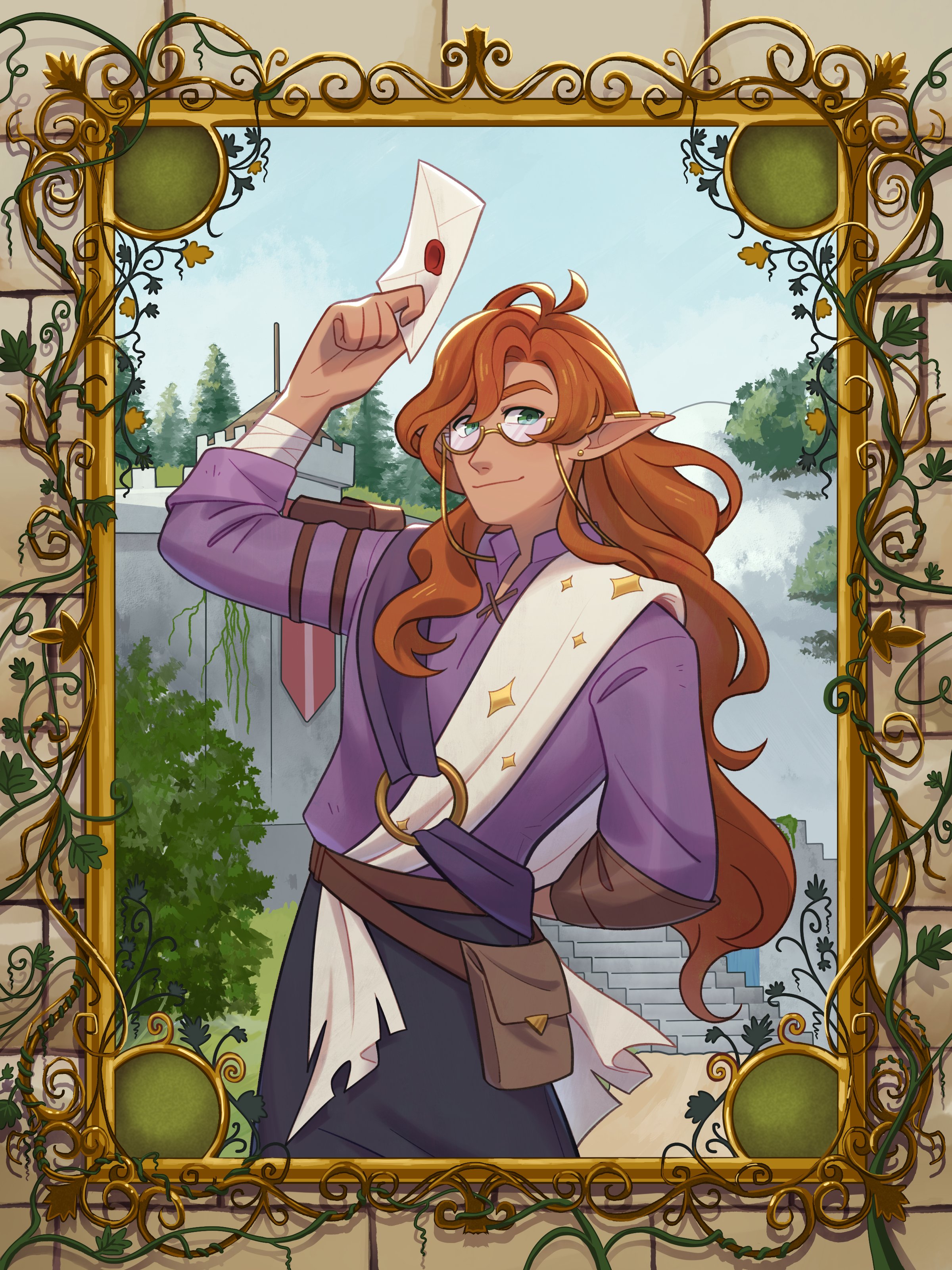 The offical character art for Bannerfall Legundo. He is a smiling elf with long, ginger hair. He wears gold trimmed glasses and practice purple, white and brown clothes. In one hand, he is holding a letter.