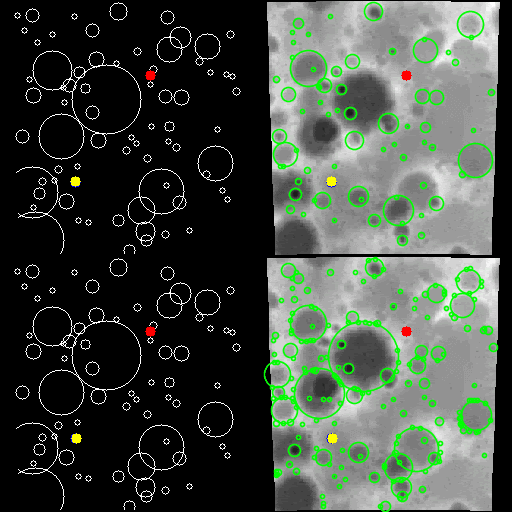 Qualitative trajectories of the baseline (top) and COPPOL with MC-CP (bottom) agents on the DeepMoon environment displayed on the ground truth (left) and predictive maps (right).