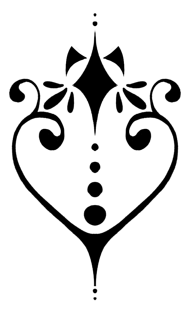 A symmatrical heart graphic featuring dots, swirls, and a star.