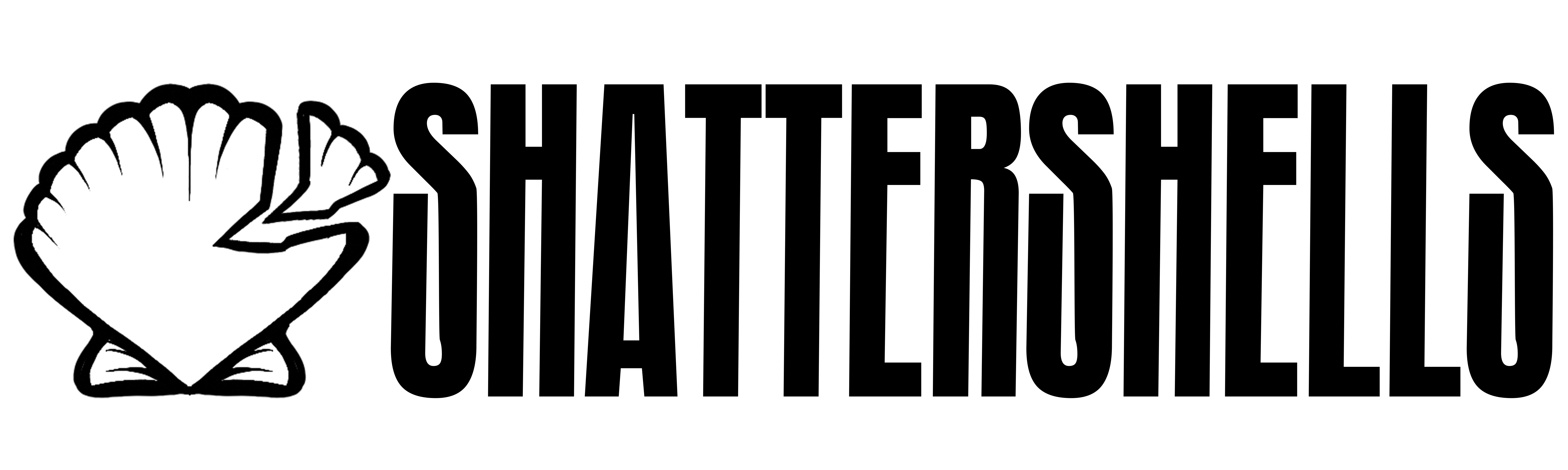 A black outline of a shell with a broken shard taken out of the top right edge, followed by the title SHATTERSHELLS.