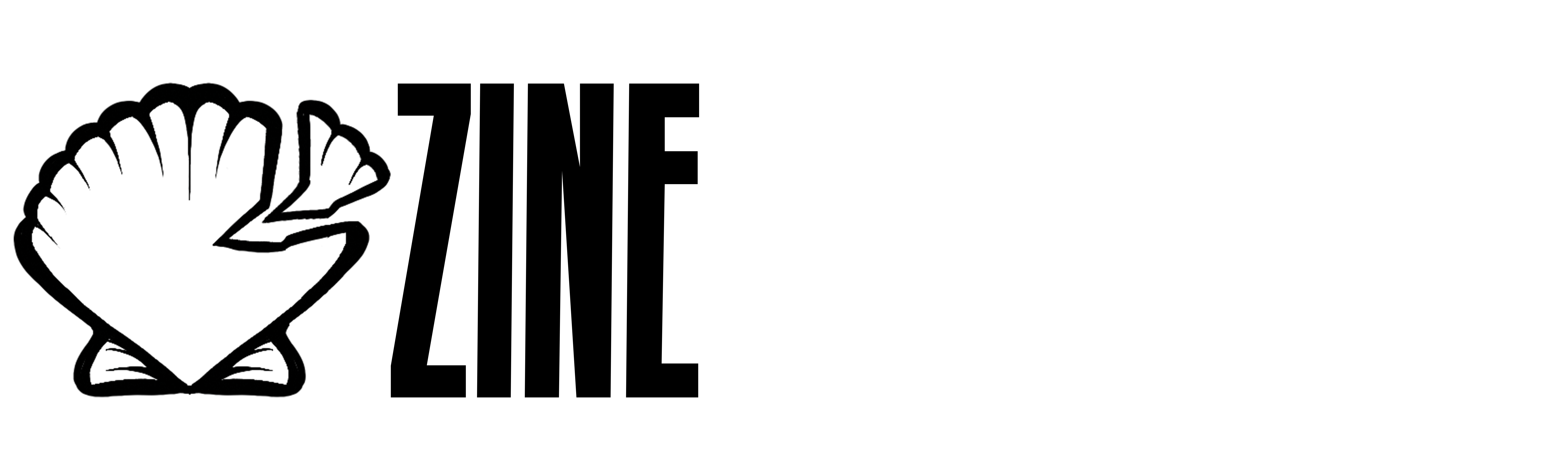 A black outline of a shell with a broken shard taken out of the top right edge, followed by the title ZINE.
