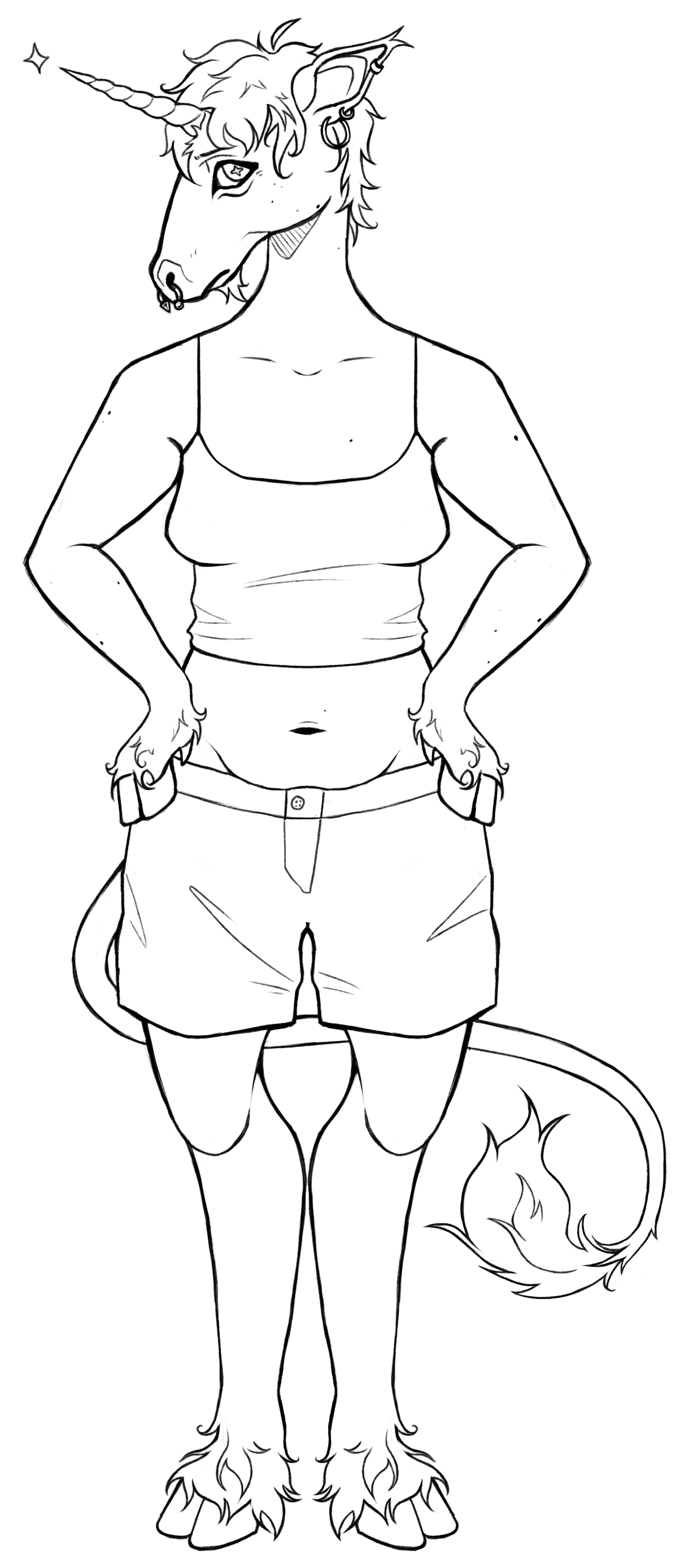 An anthropomorphic unicorn posed with their hands on their hips, head facing towards the left.