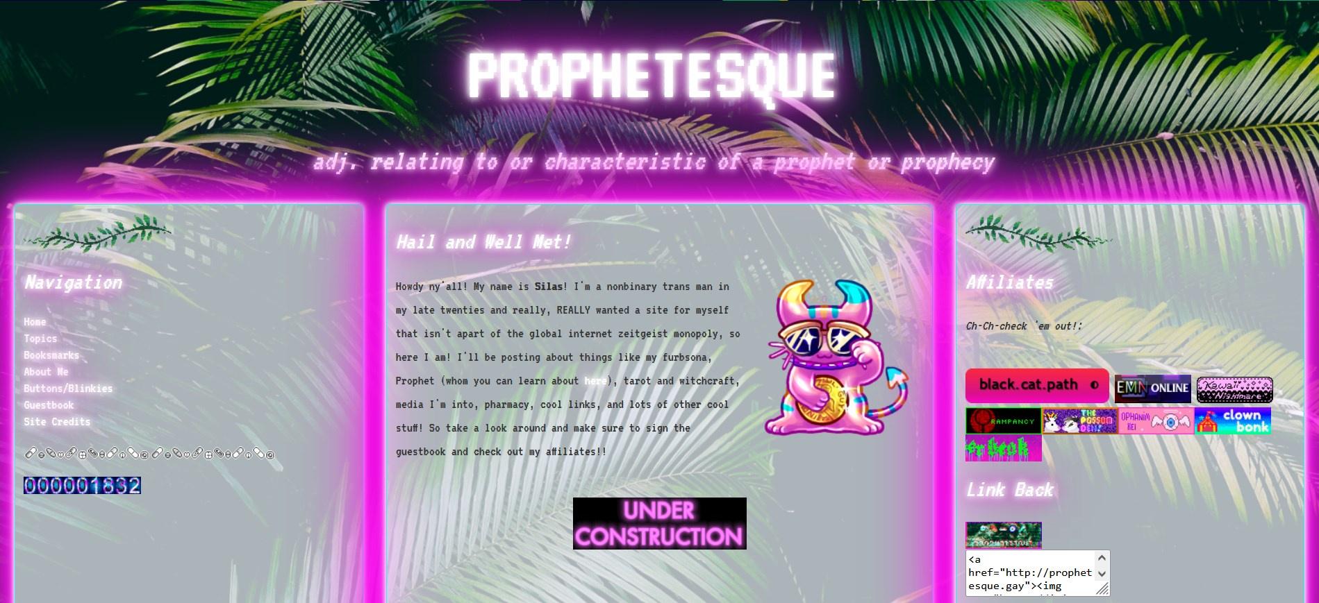 a screenshot of website prophetesque.gay from 2022; it has 3 columns and a LOT of glow in both the box shadow and the text
