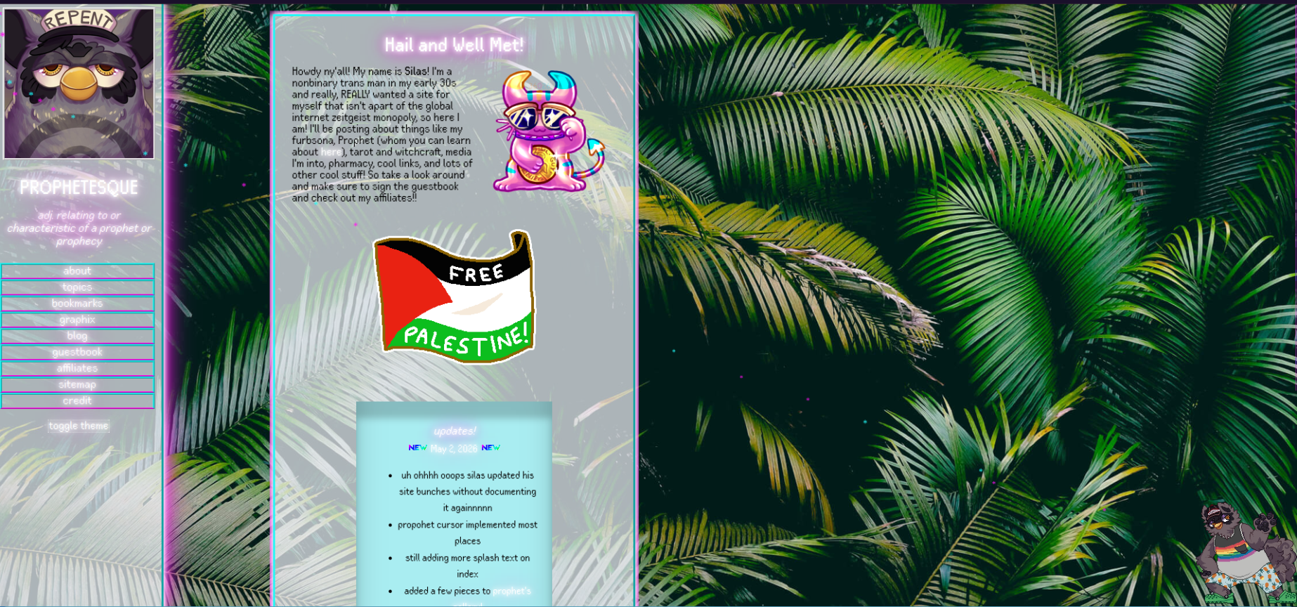 an updated screenshot of prophetesque.gay; the layout has changed completely to a more clean, tumblr-looking layout and a lot less glow