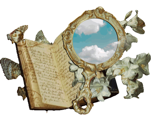 decor: an open book accompanied by decor and a matching vintage mirror reflecting a moving sky