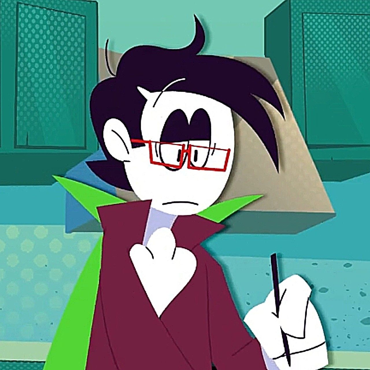 a paper-white vampire character with dark purple or black hair holding a pencil
