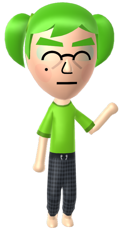 a green-haired mii of a splatoon character waving