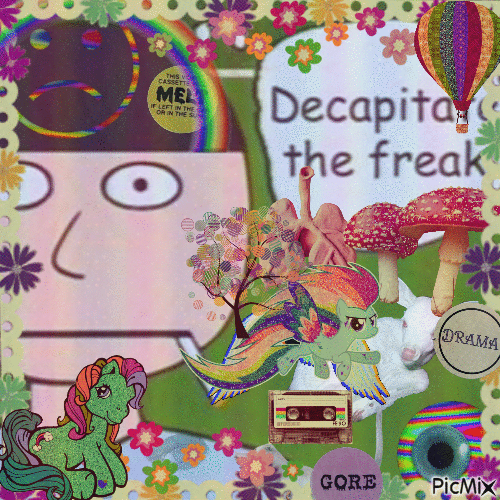 a kidcore-themed gif of kevin spencer with a thought bubble that says: Decapitate the freak