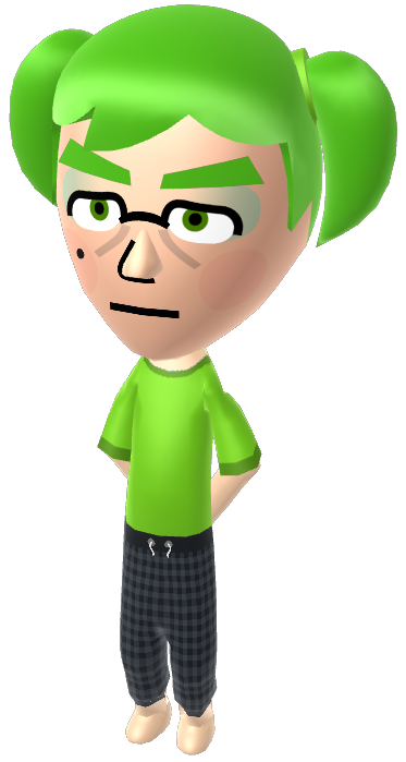 the green-haired mii with his arms crossed behind his back