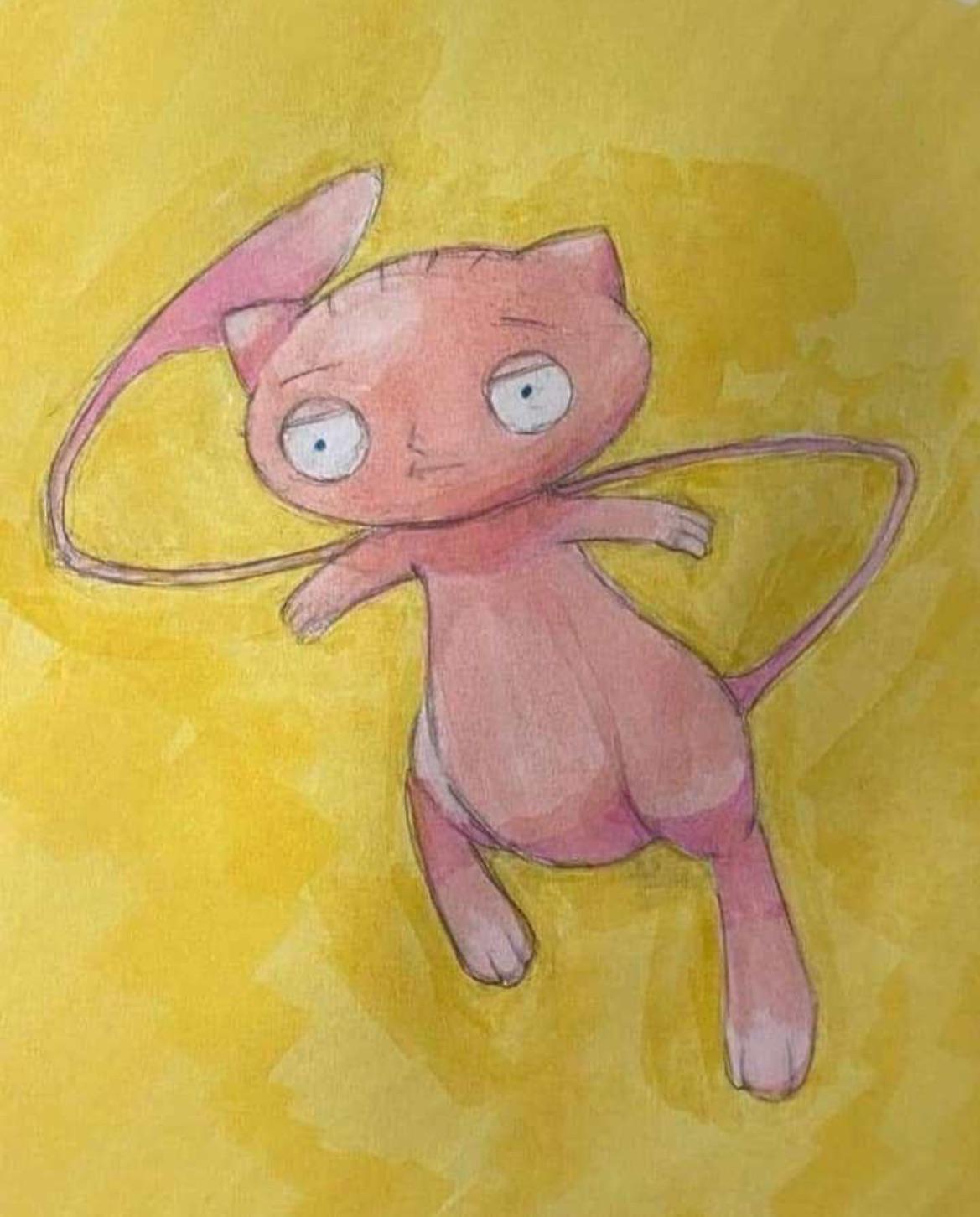 a fusion of stewie from family guy and mewtwo from pokemon