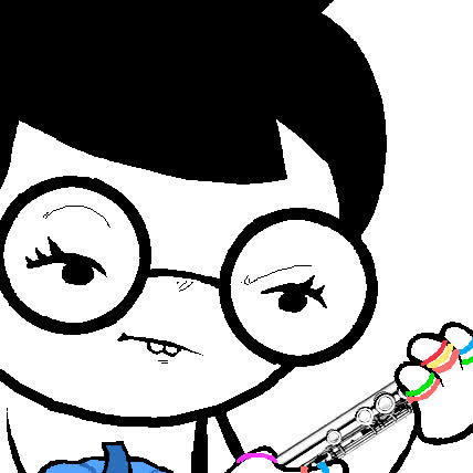 a paper-white girl with black hair and round glasses holding a flute