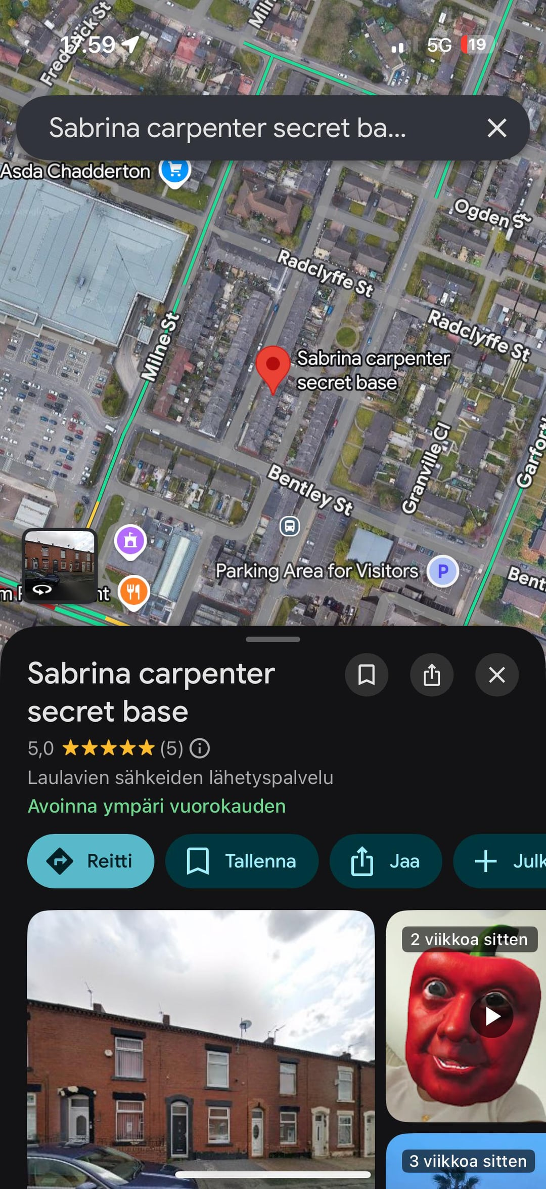 a screenshot of a place on google maps called Sabrina carpenter secret base