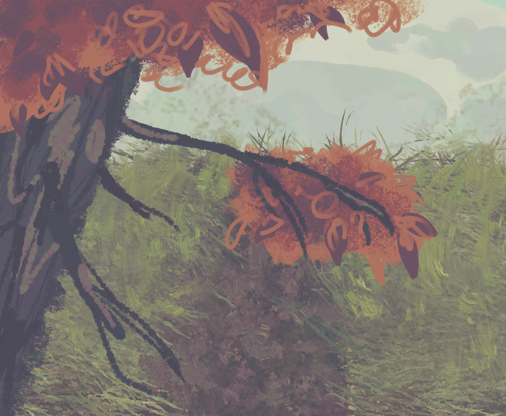 a gloomy painting of tree with autumn leaves
