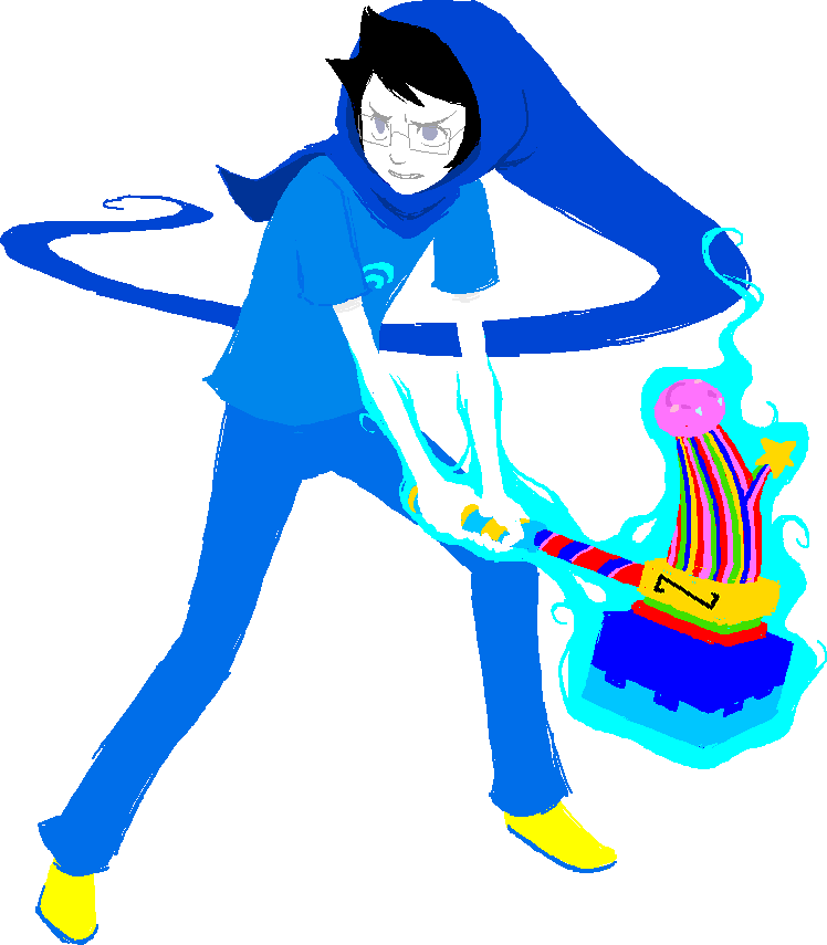 a paper-white boy wearing a blue costume wielding a hammer