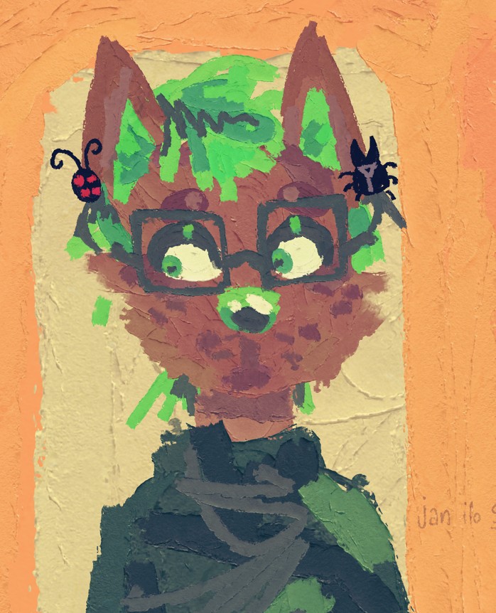 a messy painting of a furry character