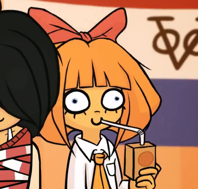a girl with a big red ribbon in her orange hair sipping juice with a dumb expression