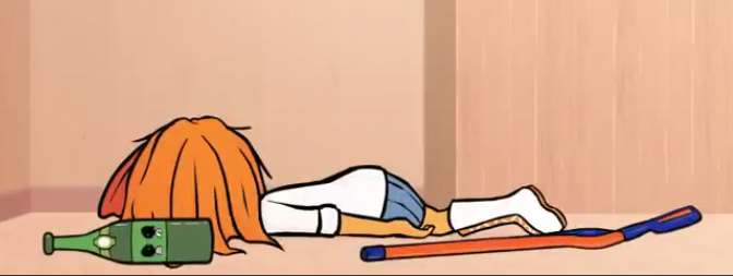 an orange-haired girl laying face-down on the floor next to a liquor bottle and a gun (not nearly as dark as the alt text would imply btw)