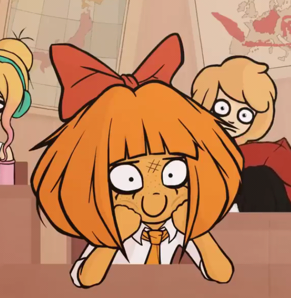 a slightly injured orange-haired girl with her hands on her chin