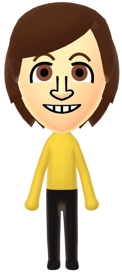 a brown-haired mii in a gold shirt