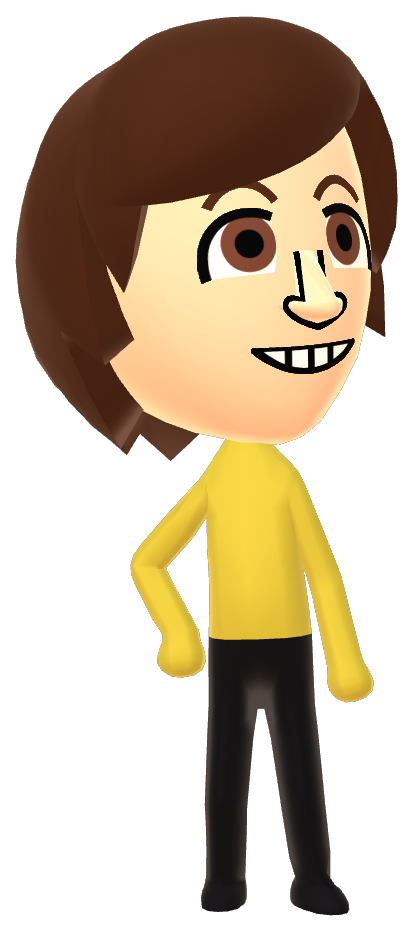 a brown-haired mii in a gold shirt looking to the side
