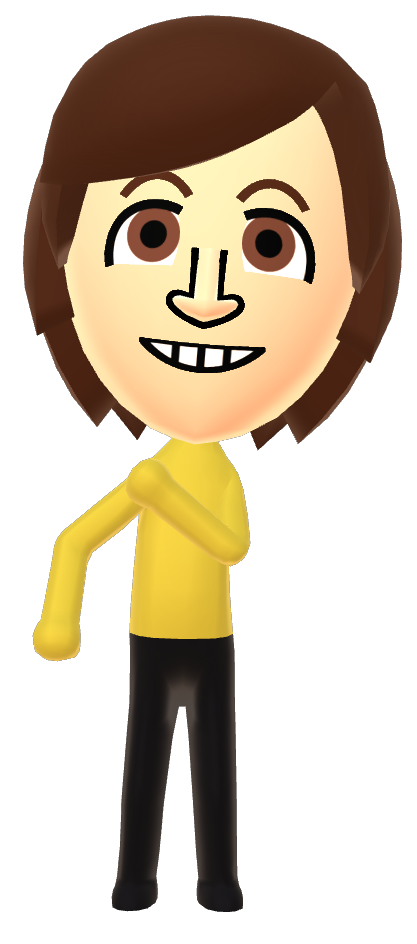 a brown-haired mii in a gold shirt looking triumphant