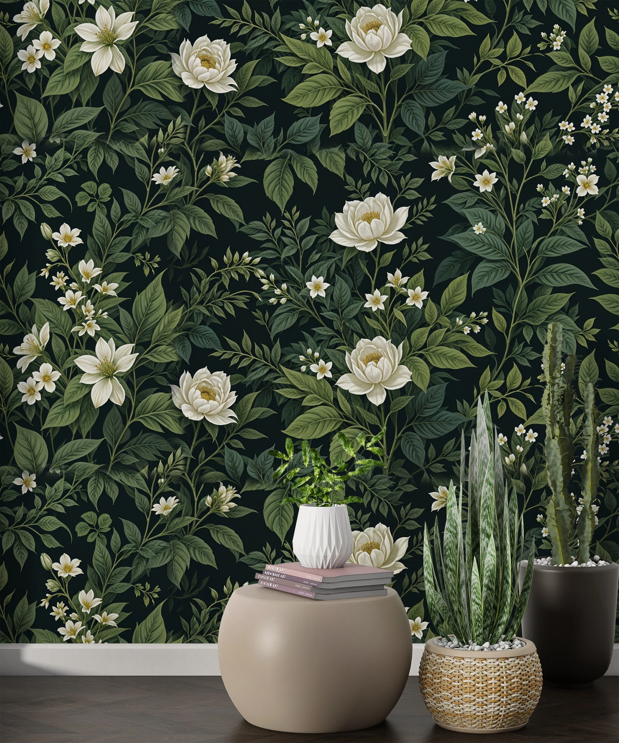 a dark green background with cream colored flowers